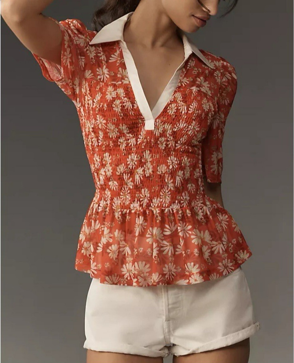 Maeve Anthropologie Red Daisy Floral Smocked Peplum Short Sleeve Polo Top Small